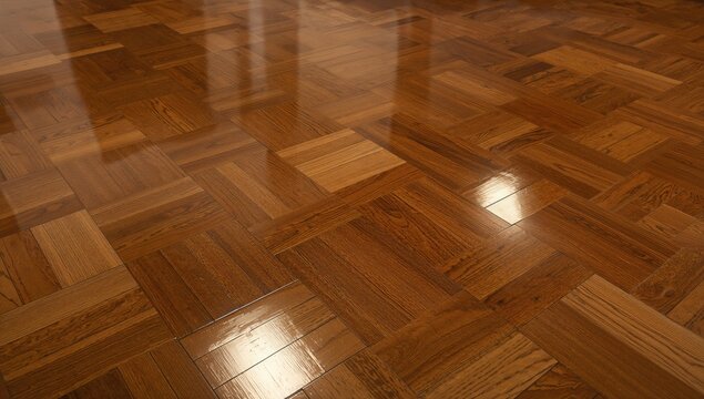 Gleaming polished hardwood surface mirroring illumination
