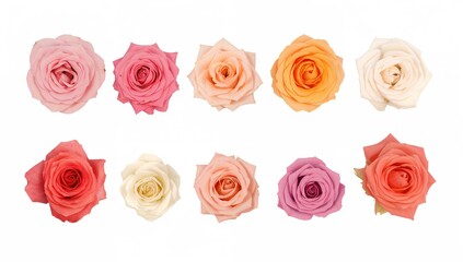 Various types of roses displayed on a white backdrop