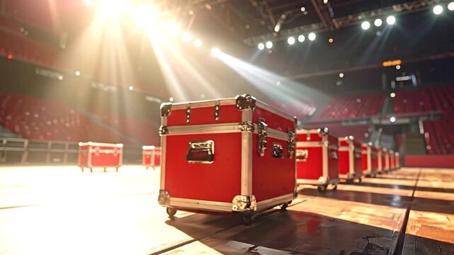 Red roadie cases on a stage in a large, empty arena, bathed in bright, dramatic stage lights