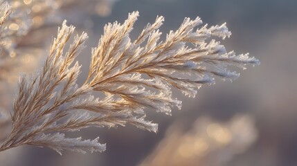 Delicate feathery plant seed head glistens with white frost under soft light