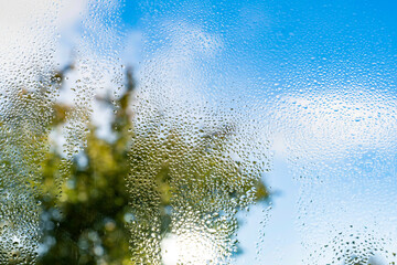 Raindrops and water condensation on transparent glass with blurred green trees and blue sky in background. Natural texture of wet window surface after rain.