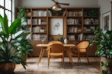 Fototapeta premium Softly focused interior of a comfortable book nook with wooden bookcases, vibrant greenery, and a welcoming ambiance ideal for unwinding with a good book