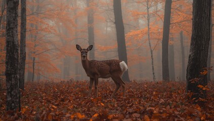 Fototapeta premium Fog-covered woodland with a deer in autumn