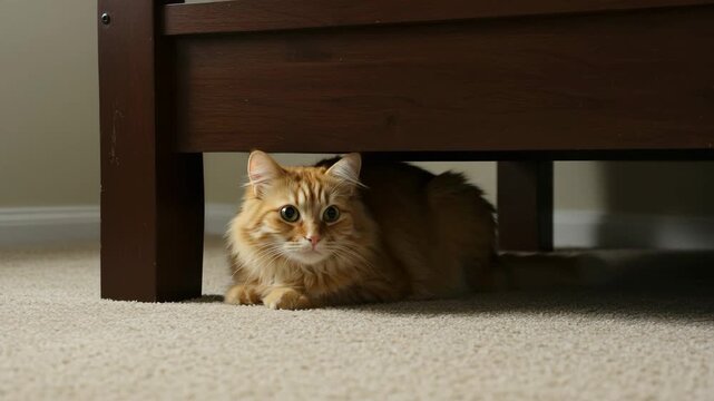 Orange cat hiding and looking curiously from under a bed