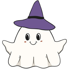 Kawaii ghost cartoon wearing purple witch hat
