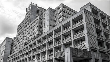 Brutalist architecture featuring a concrete building with geometric facade. Showcasing urban design and architectural style.