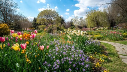 Colorful spring blooms in a lush garden setting
