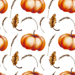 Cheerful orange pumpkin,leaves of oak,brown grains in childlike style seamless pattern in watercolor washes and textured colored pencils.For autumn projects,nursery decor,and kids textile