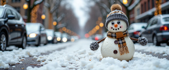 Snowman smiling in snowy street with cars and winter lights  