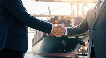 Business handshake outdoors near cargo ship