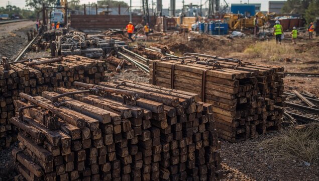 Stacks of railway sleepers prepared for new track installation