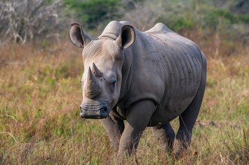 Fototapeta premium White rhino without horns in a natural bush setting with grass, wildlife, and mammals