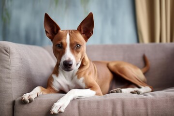 Brown and white podenco canario dog lying on a comfortable sofa, enjoying a relaxing moment at home