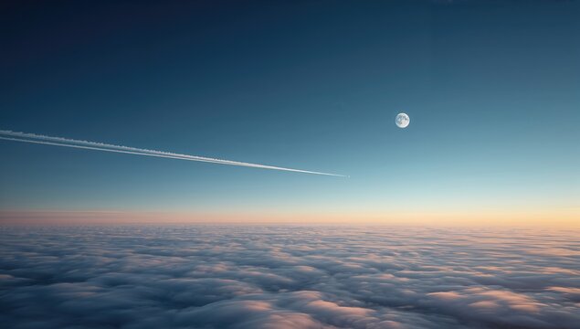 The faint trail of the plane against the blue sky with the moon visible - Powered by Adobe