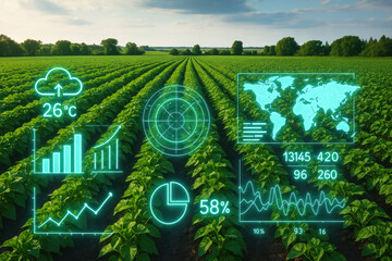 Smart farming with holographic data overlays on a lush green field agriculture technology