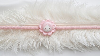 A pink hairband featuring a doll designed like a circular flower set against a white feather backdrop.