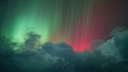 A mesmerizing dance of red and green lights illuminating the night sky, framed by dark, billowing clouds.