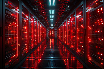 サイバー攻撃を受けたデータセンターのサーバールームと警告灯が点滅する内部構図