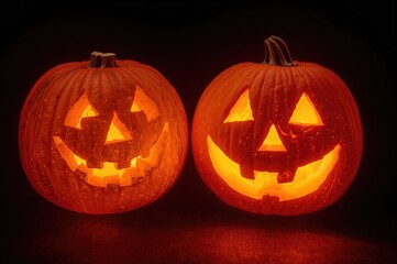 Two Pumpkins Radiating Light, One Giving a Wink