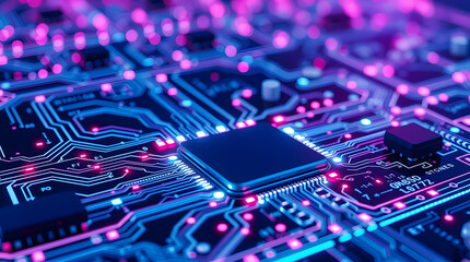 A macro shot of a green electronic circuit board reveals its chip and capacitor hardware for computer technology