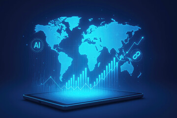 Tablet displaying AI and blockchain technology with world map and financial growth charts artificial intelligence
