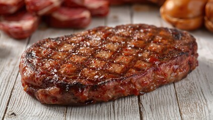 Obraz premium T-bone steak marinated and placed on a light wooden surface. Close-up of raw meat texture.