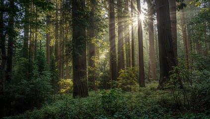 Obraz premium Sunlight filtering through towering ancient trees at dawn