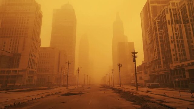 Ai destroied cityscape shrouded in yellow haze during sunset reveals urban silence and desolation