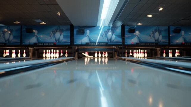 A cinematic camera follows a bowling ball as it rolls down the polished lane toward the pins, capturing motion, speed, tension, and anticipation in a dynamic, action-packed sports perspective