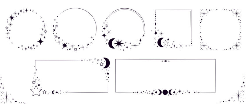 Celestial frames set and borders with stars, crescent moons, and sparkles in minimalist style, for invitations, branding, astrology themes, social media, packaging, spiritual projects.Vector