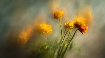 Impressionistic Blurry Photograph of Yellow and Orange Flowers Capturing the Essence of Nature's Beauty