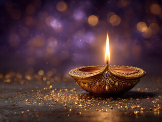 Golden candle holder with decorative elements, purple gemstone base, lit candle, scattered gold glitter particles, dark background, warm glow, festive atmosphere, digitally enhanced sty - AI-Generated