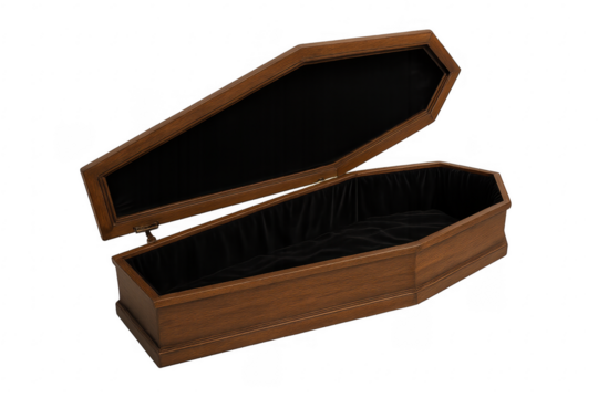 Empty open wooden coffin with black lining on transparent background - Powered by Adobe