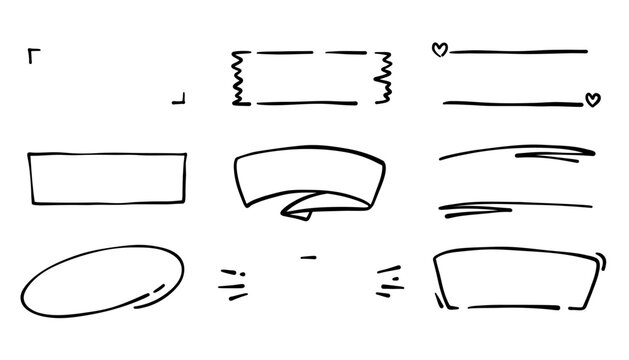 Text box hand drawn frame and title banner set. Doodle line banners, ribbons, and memo shapes. Cute marker stroke elements for titles, notes, or headlines. Vector illustration.