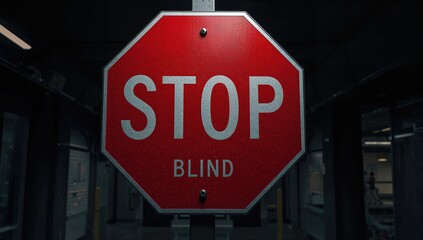 Red octagonal safety sign featuring tactile braille for visually impaired under the standard text button