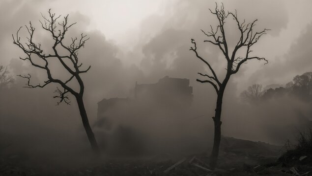 Trees emerging through the debris following a structure demolition