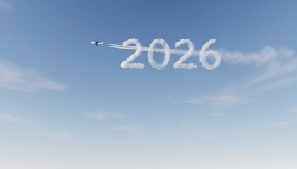 airplane trails 2026 in vaporous smoke across brilliant blue sky with delicate white clouds, evoking festive and hopeful atmosphere, joyful future, new beginnings, celebratory spirit, New Year