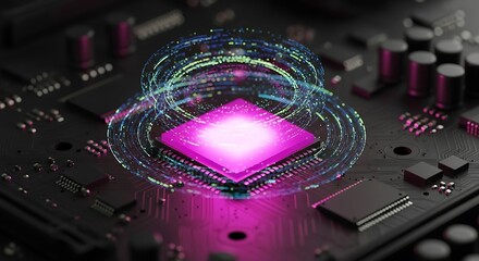Abstract glowing circuit board with a central pink processor emitting energy, representing advanced technology and data processing in a futuristic digital realm