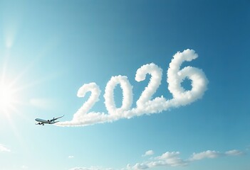 airplane trails white clouds forming 2026 across bright blue sky, evoking serene and optimistic atmosphere, joyful future, hopeful journey, bright optimism, New Year