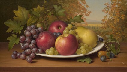 Dish featuring fresh grapes, plums, apples, and pears