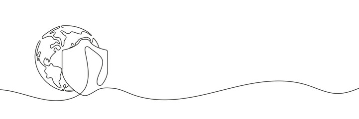Continuous one line drawing of a globe with a security shield. Minimalist hand-drawn icon representing global protection, safety, cybersecurity, or environmental security.