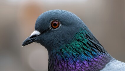 Fototapeta premium Detailed view of a pigeon showcasing shimmering feathers against a soft-focused backdrop