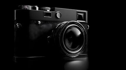 A sleek, modern camera sits against a dark backdrop, highlighting its design. The lens catches the light, drawing the eye to its intricate details