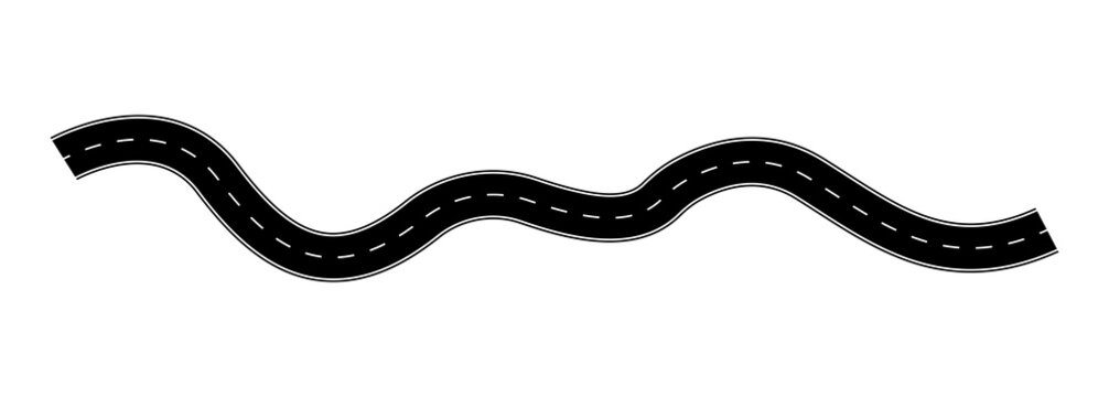 Curvy black road with white dashed center lines on a white background. Perfect for transport, travel, traffic, navigation, and highway-themed design projects or infographics.