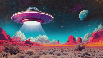 Artistic pop art photo edit blending retro vibes with surreal and satirical themes, showcasing cosmic scenes and UFO imagery