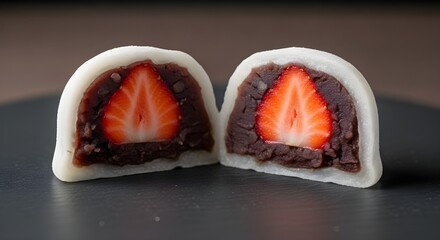 Macro Shot of Ichigo Daifuku Cross Section with Strawberry and Red Bean Paste on Dark Slate Plate