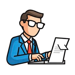 Businessman in Blue Suit Typing on Laptop Examining Documents in a Vector Illustration