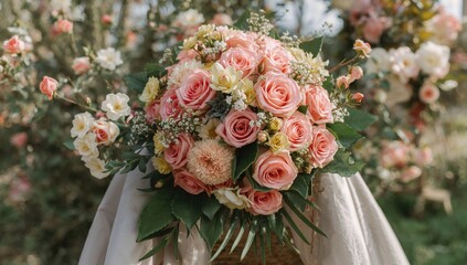 A charming arrangement of pink roses mixed with various flowers brightened a lively spring afternoon, offering a splash of color and natural elegance
