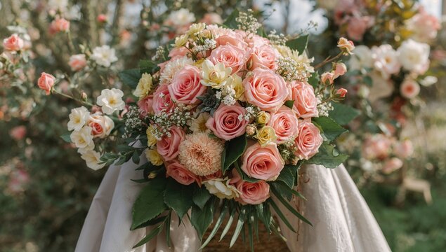 A charming arrangement of pink roses mixed with various flowers brightened a lively spring afternoon, offering a splash of color and natural elegance - Powered by Adobe