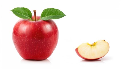 Fresh organic red apple with leaves on a white backdrop